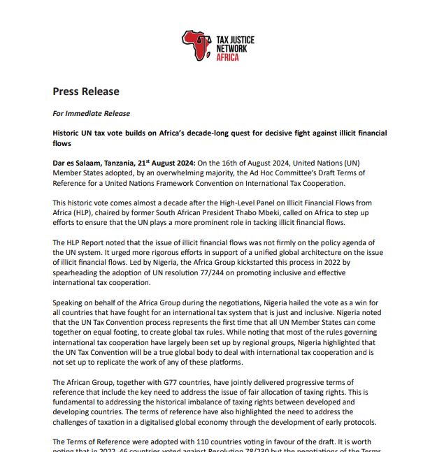Press Release: Historic UN tax vote builds on Africa’s decade-long quest for decisive fight against illicit financial flows