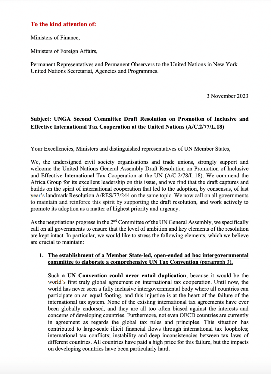 Letter to governments in support of the UN tax resolution