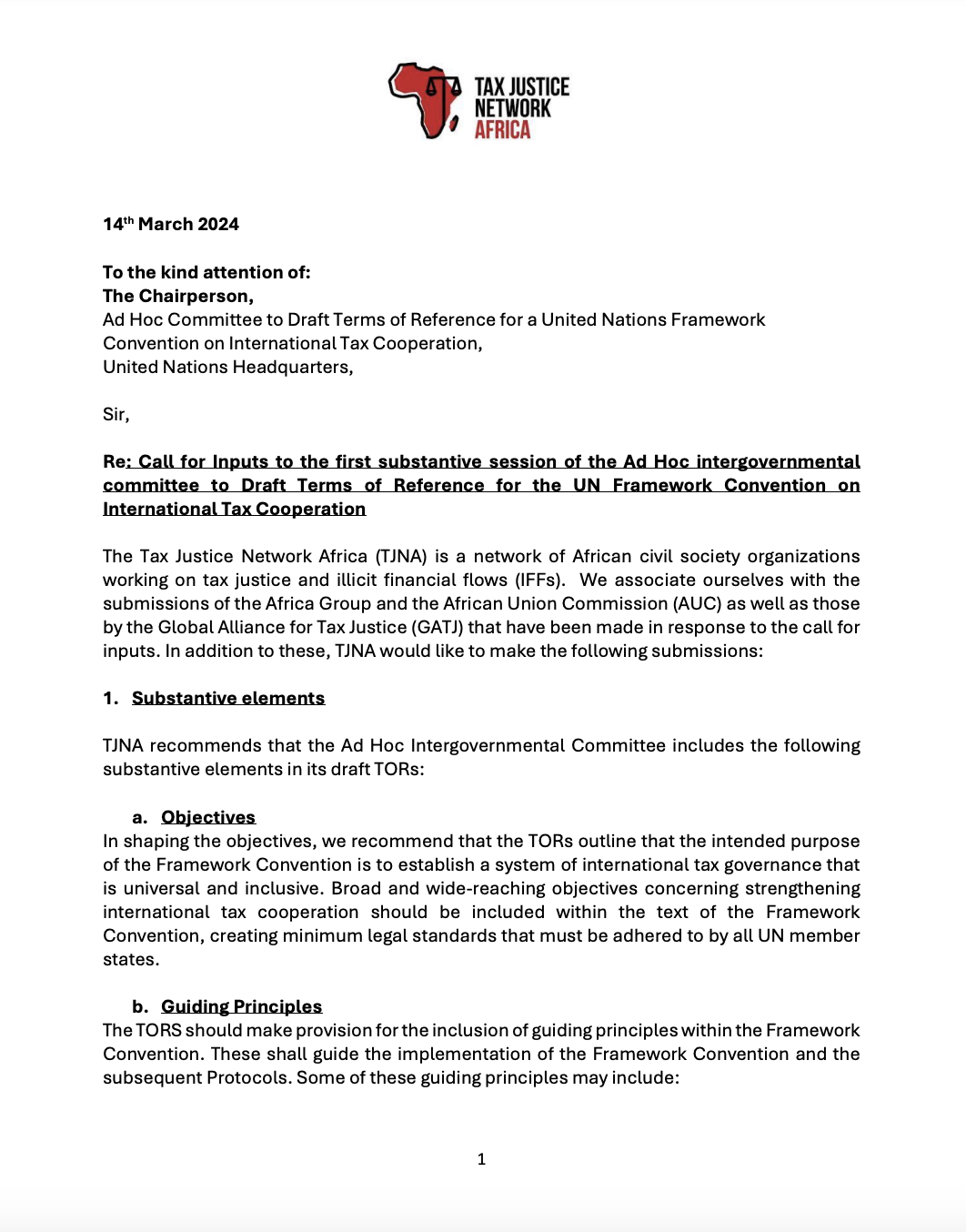 TJNA inputs to the first substantive session of the Ad Hoc intergovernmental committee to draft Terms of Reference for the UN Framework Convention on International Tax Cooperation