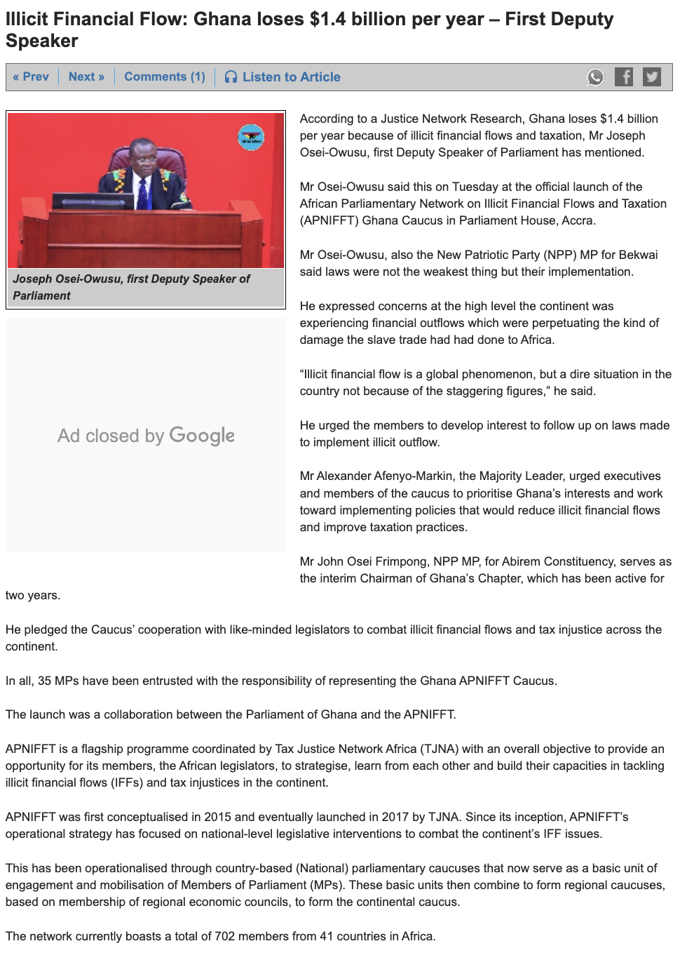 News article: Illicit Financial Flow - Ghana loses $1.4 billion per year - First Deputy Speaker