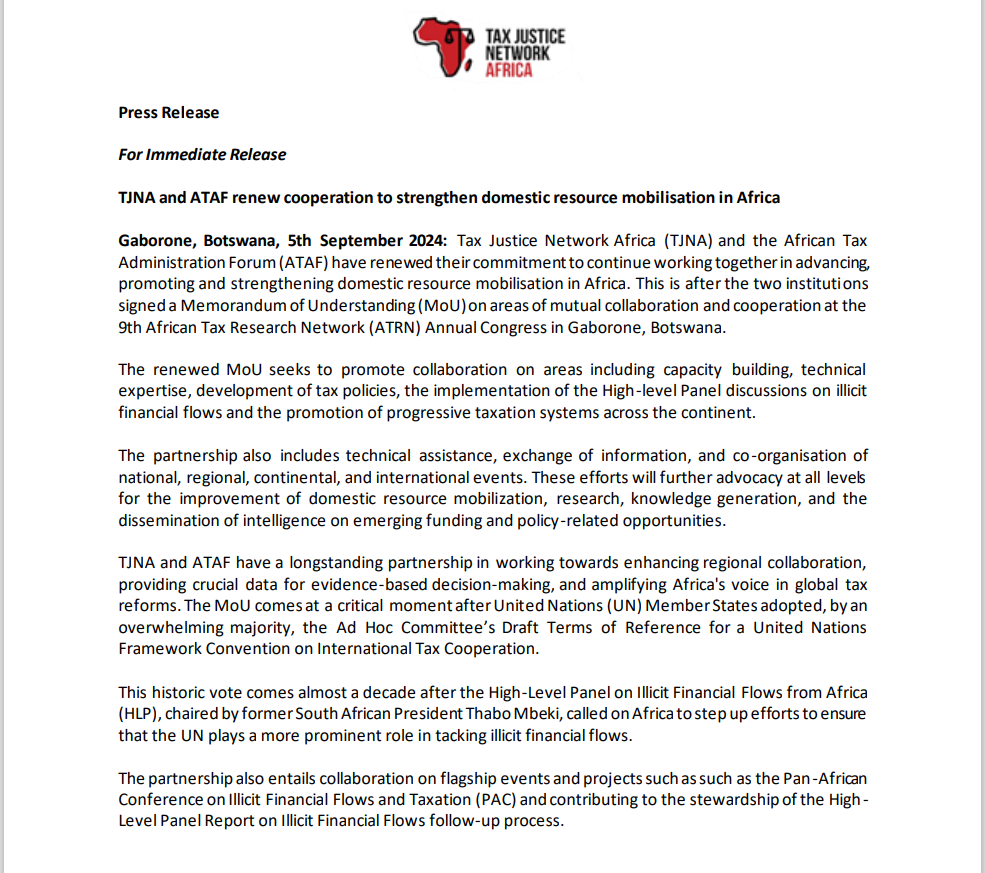 TJNA and ATAF renew cooperation to strengthen domestic resource mobilisation in Africa
